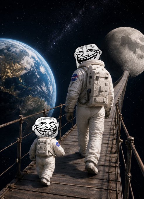 The image features a man wearing an astronaut suit walking across a bridge with two children dressed as astronauts, both smiling and appearing to be enjoying their time together. The caption of the image reads "BABYTROLL $TROLL".