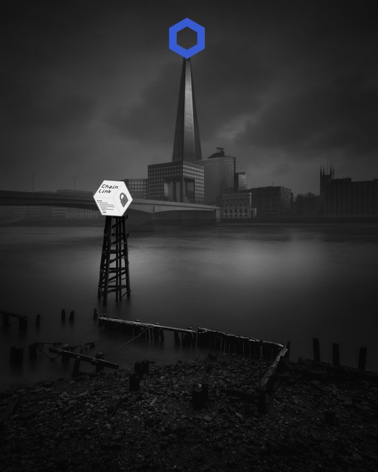 A moody black-and-white cityscape shows a tall spired building, a bridge, and a river with a 'Chain Link' sign in the foreground, topped with a blue hexagonal logo.