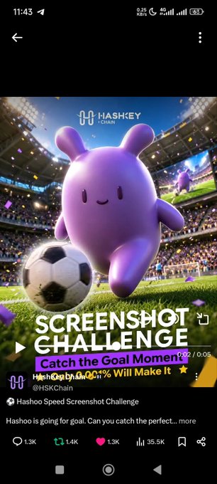 The image features a screenshot of an app game, with a purple dinosaur figure playing soccer with a black and white soccer ball. The surrounding text on the screen provides information about the Hashoo Speed Challenge game that has been successfully completed or won by a user at a specific moment in time, giving a sense of accomplishment for the player.