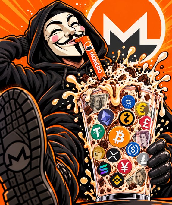A stylized illustration of a figure wearing a Guy Fawkes mask and black hoodie, holding a glass overflowing with various cryptocurrency coins (Bitcoin, Ethereum, Dogecoin, etc.), with a Monero logo visible in the background.