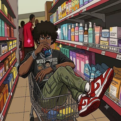An anime-style illustration of a young man with an afro sitting in a shopping cart inside a retail store aisle lined with skincare products, wearing a 'WEB3 CERTIFIED' t-shirt and red Nike sneakers.