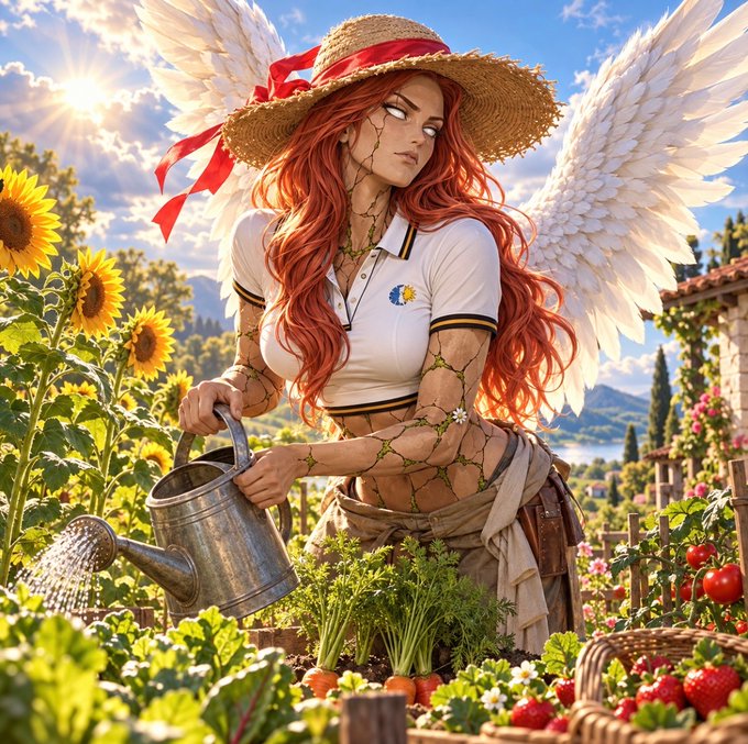 A detailed comic book illustration of a powerful, winged woman with red hair and cracked, stone-like skin, wearing a straw hat and white polo shirt, as she waters a vibrant vegetable garden with a metal watering can.
