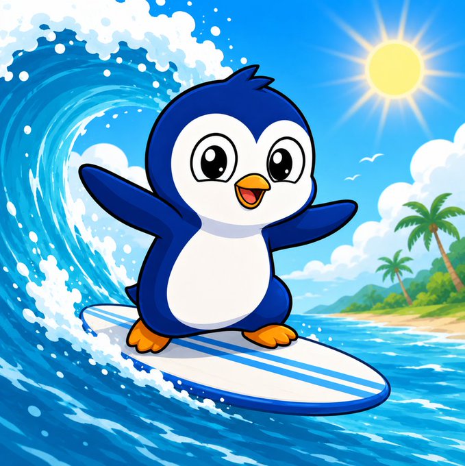 A cartoon illustration of a blue penguin with big eyes and outstretched wings surfing on a striped surfboard through a curling ocean wave, with a sunny beach, palm trees, and seagulls in the background.