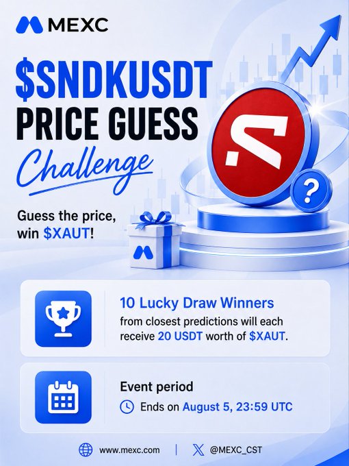 A promotional graphic for MEXC's $SNDKUSDT Price Guess Challenge, featuring bold text announcing that 10 lucky draw winners with the closest predictions will each receive 20 USDT worth of $XAUT, with the event ending on August 5 at 23:59 UTC. The image visually reinforces the trading challenge with a red podium, gift box, and ascending chart graphics, complementing the post's call to action to follow @MEXC_CST and submit predictions via the official Telegram group.