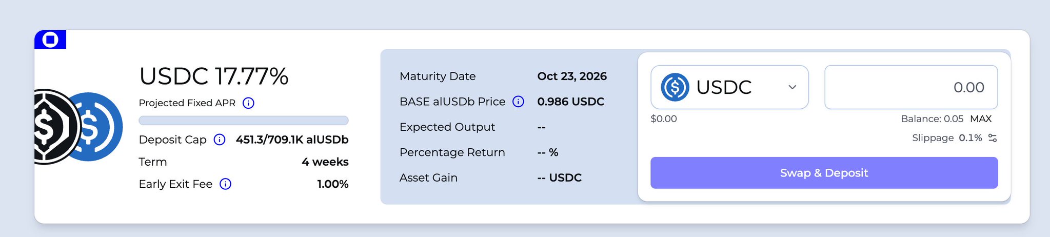 A cryptocurrency interface showing a USDC fixed yield opportunity with a projected APR of 17.77%, a maturity date of Oct 23, 2026, a 4-week term, and a 'Swap & Deposit' button for 0.05 USDC.