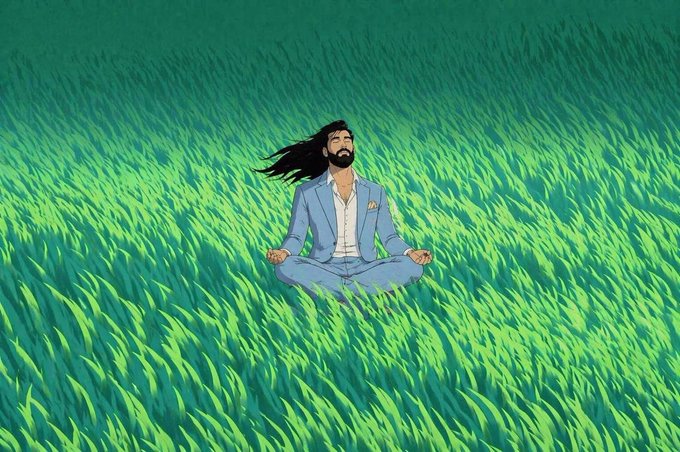 A bearded man with long flowing hair meditates peacefully in a lotus position while levitating above a vibrant green grassy field. The image's serene, zen-like energy mirrors the post's anticipation of a calm, spiritual breakthrough before the weekend's "ALT SZN" altcoin rally.