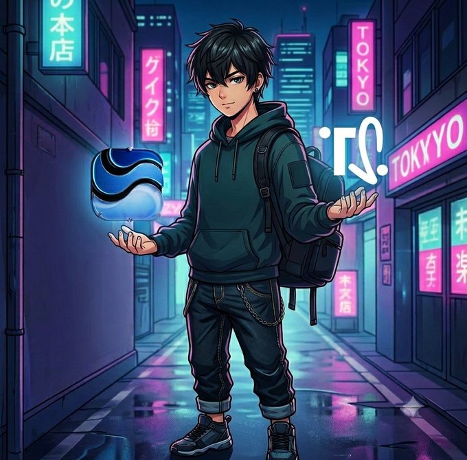 An anime-style young man with black hair, wearing a hoodie and backpack, stands in a neon-lit Tokyo street holding a glowing blue orb in one hand while gesturing toward a floating "TOKYYO" logo in the other, with Japanese signs reading "ケイタ" and "本店" visible in the background.

The image's cyberpunk Tokyo aesthetic and the glowing token-like orb in the character's hand visually reinforce the post's theme of digital currency and engagement within the $RIVER ecosystem campaign.