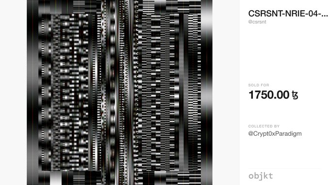 A generative glitch-art digital artwork titled "CSRSNT-NRIE-04-of-32.png" by @csrsnt, featuring vertical bands of distorted black-and-white pixelated patterns, sold for 1750.00 ꜩ on objkt.com and collected by @Crypt0xParadigm.