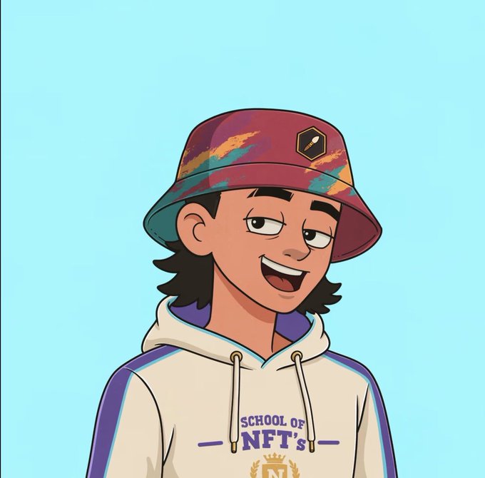 A cheerful cartoon character wearing a colorful bucket hat and a hoodie labeled "SCHOOL OF NFT's" featuring an "N" emblem, representing the "School of NFTs" collection by @TheAntAcademy mentioned in the post.