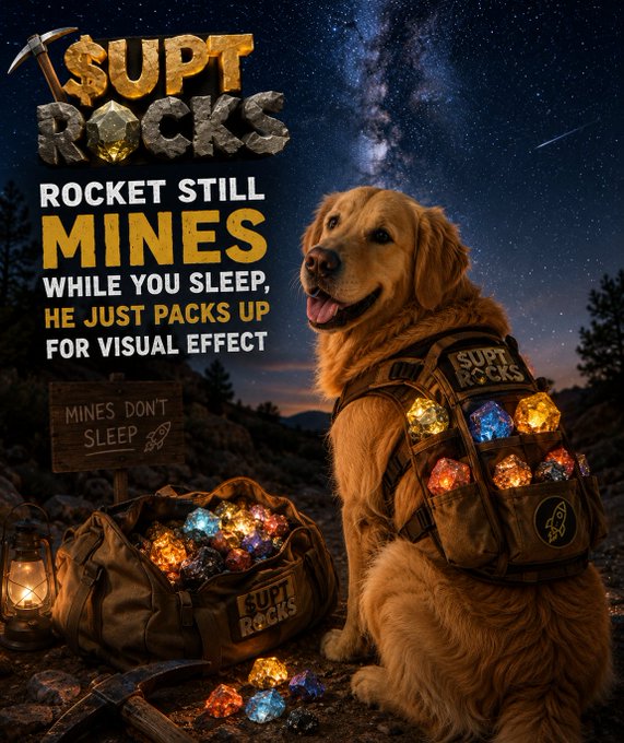 An advertisement for '$UPT ROCKS' shows a golden retriever wearing a tactical vest filled with glowing crystals, accompanied by text reading 'ROCKET STILL MINES WHILE YOU SLEEP, HE JUST PACKS UP FOR VISUAL EFFECT' and a sign stating 'MINES DON'T SLEEP'.