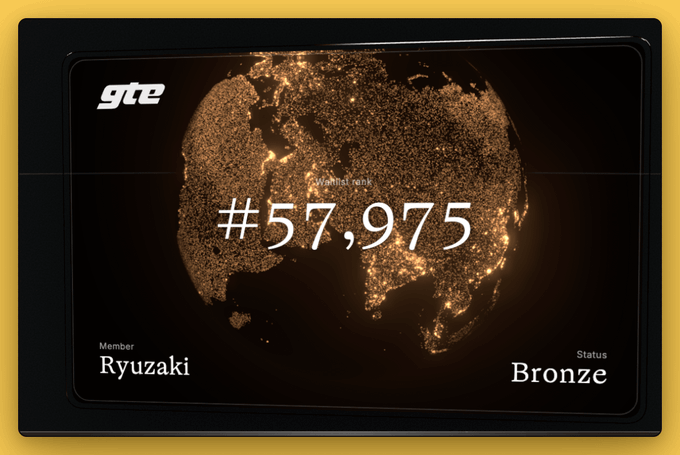The image shows a GTE membership card featuring a golden-lit globe with the member name "Ryuzaki," a waitlist rank of "#57,975," and a "Bronze" status, illustrating the waitlist position users receive after signing up via the referral link for the Paradigm-backed DEX.