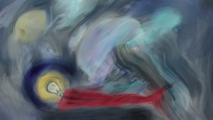 An abstract painting features swirling blue and purple tones with a yellow lightbulb-like shape and a bold red brushstroke across the bottom.