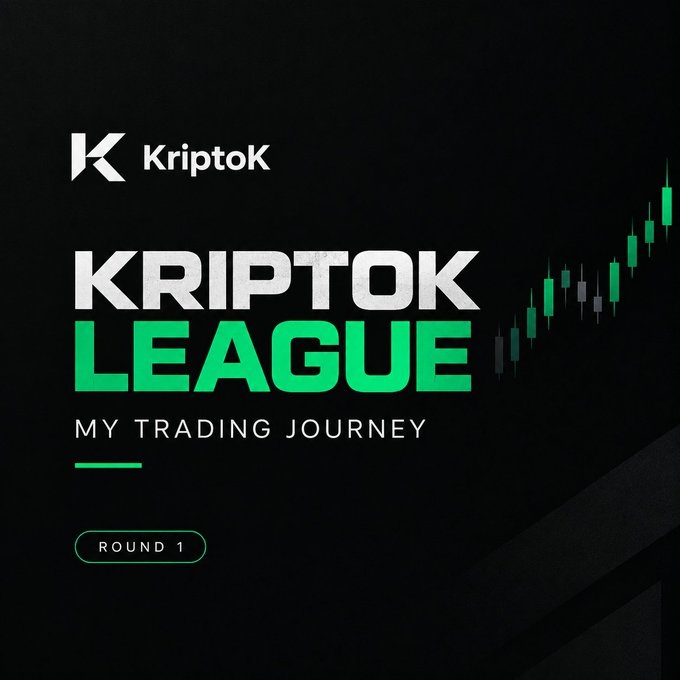A dark promotional banner for 'KriptoK League' reads 'MY TRADING JOURNEY' and 'ROUND 1', accompanied by an upward-trending candlestick chart.