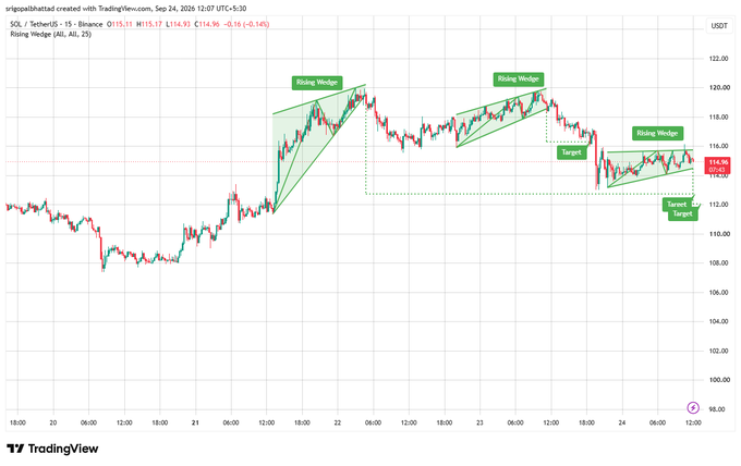 TradingView candlestick chart for SOL/TetherUS on Binance showing a 'Rising Wedge' pattern with price at $114.98, down 0.14%, including target and stop loss markers.