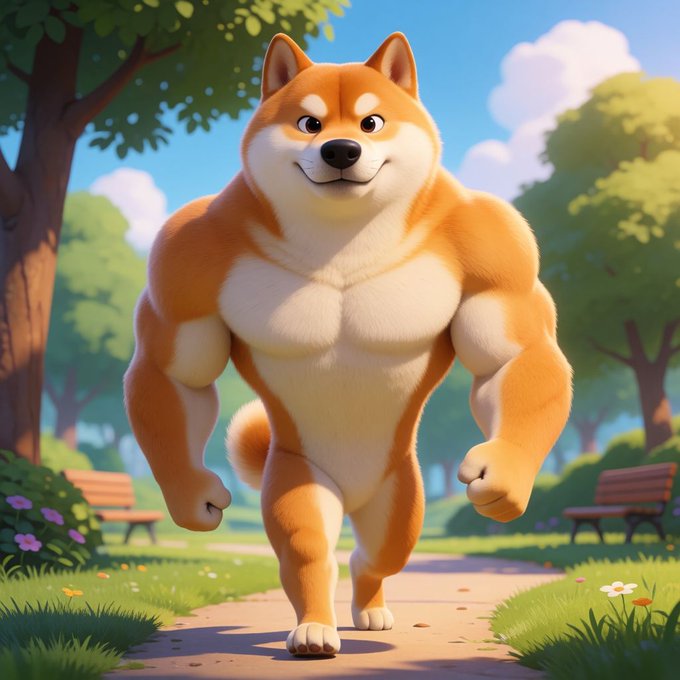 A digital illustration of an extremely muscular, anthropomorphic Shiba Inu dog standing upright on two legs in a park setting with trees and benches.