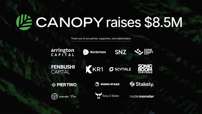 A funding announcement reads 'CANOPY raises $8.5M' with thank you to partners including Arrington Capital, Borderless, SNZ, Code Craft, Fenbushi Capital, KR1, SCVTALE, Sonic Boom Ventures, Piertwo, Rhino Stake, Stakely, Lorenzo, Easy 2 Stake, and nodemonster.