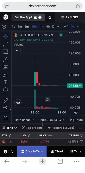 A mobile screenshot of dexscreener.com showing a 15-minute candlestick chart for the LAPTOP/USD trading pair at $973.58M with a +22.73% increase, volume at 180.32M, and a recent transaction of $2.7766 from trader c5EF08.