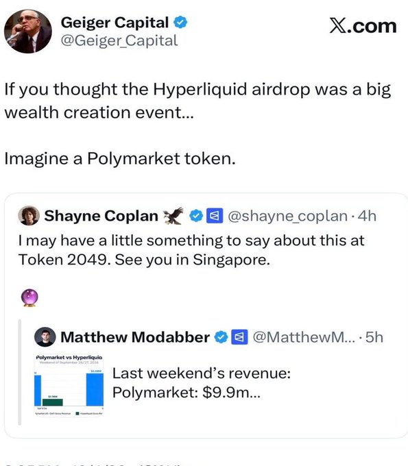 A tweet from Geiger Capital (@Geiger_Capital) reads 'If you thought the Hyperliquid airdrop was a big wealth creation event... Imagine a Polymarket token,' quoting tweets from Shayne Coplan and Matthew Modabber showing Polymarket's $9.9M revenue compared to Hyperliquid.