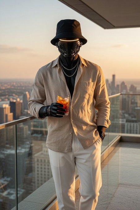 Futuristic humanoid figure wearing a black face mask, fedora, beige shirt, white pants, and chain necklace, holding an orange cocktail on a high-rise balcony overlooking a city skyline at sunset.