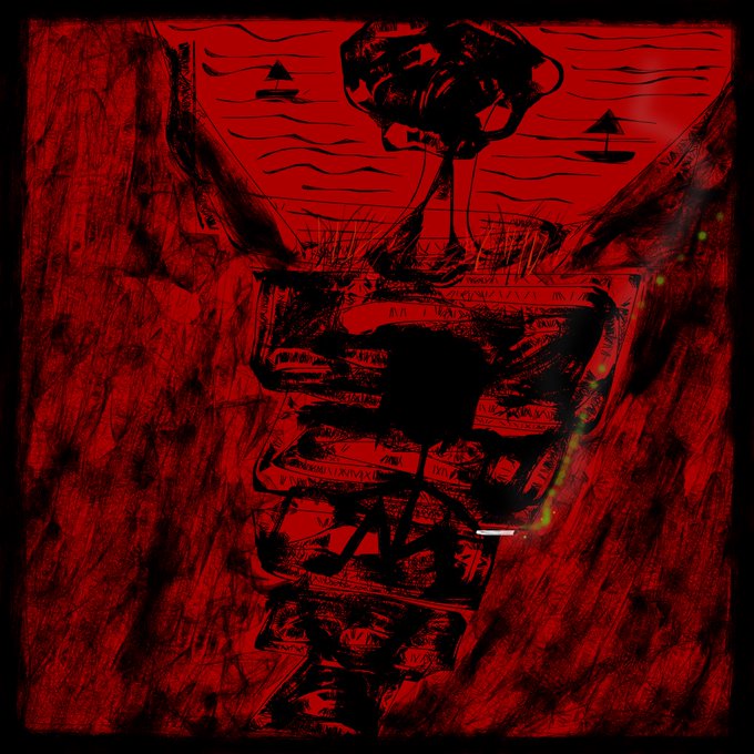 A dark, abstract red-toned artwork featuring distorted black figures, wavy lines resembling water, and ship-like silhouettes in a chaotic, textured composition.