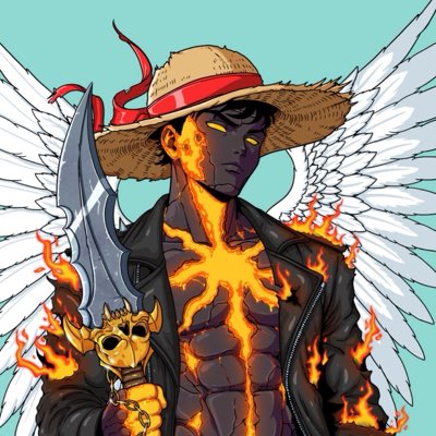An anime-style illustration of a dark-skinned character with glowing yellow eyes, wearing a straw hat with a red ribbon, white angel wings, and a cracked body revealing lava-like fire underneath, holding a golden scepter.