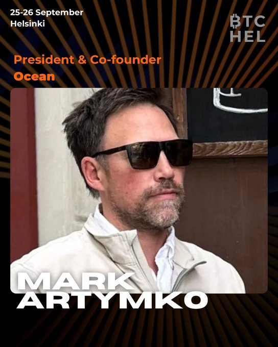 A promotional graphic for the BTC Helsinki event (25-26 September) featuring a photo of Mark Artymiko, identified as President & Co-founder of Ocean.
