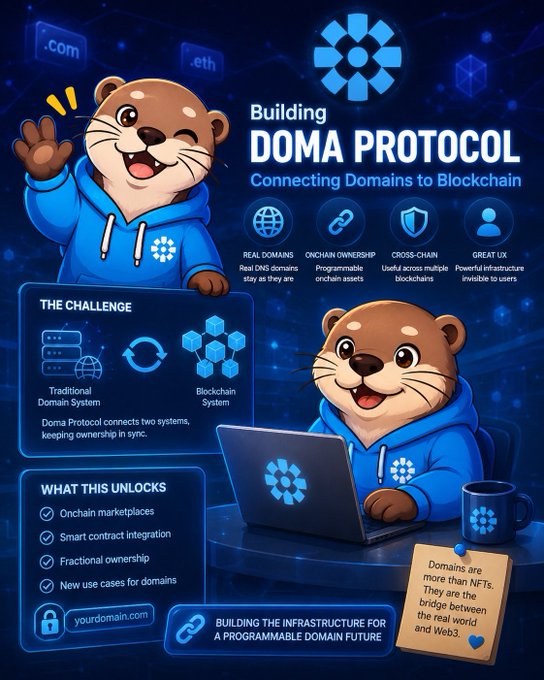 A promotional infographic for DOMA PROTOCOL, titled 'Connecting Domains to Blockchain,' featuring a cartoon otter mascot, highlighting real domains, onchain ownership, cross-chain capability, and great UX, with a challenge section explaining how it bridges traditional DNS and blockchain systems.