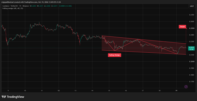 This image displays a TradingView chart of Cardano (ADA/USDT) showing a falling wedge pattern from October 9-19, 2024, with current price at $0.2211, marked as bullish with target levels indicated on the chart.