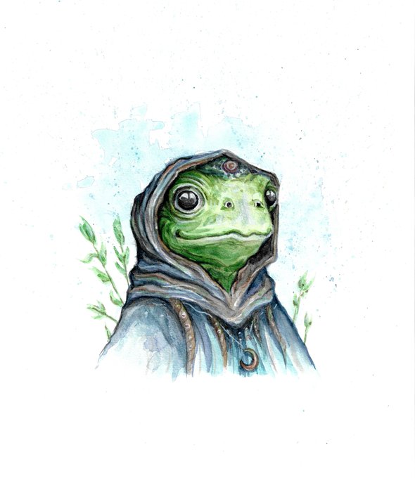 A watercolor-style illustration of a green frog character wearing a gray hooded cloak, with a small symbol on its forehead, surrounded by faint plants on a white background.