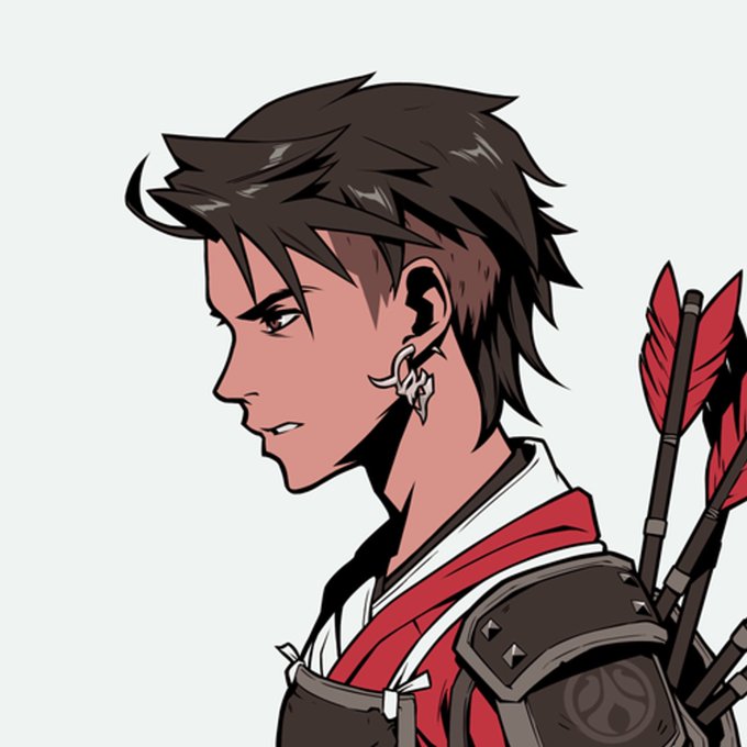 A side-profile illustration of a brown-haired anime character with a single braid and earrings, wearing red and black attire with arrows on their back.