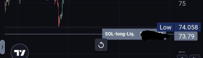 A trading chart on TradingView showing a low of 74.058, with a label reading 'SOL-long-Liq.' and a price of 73.79.