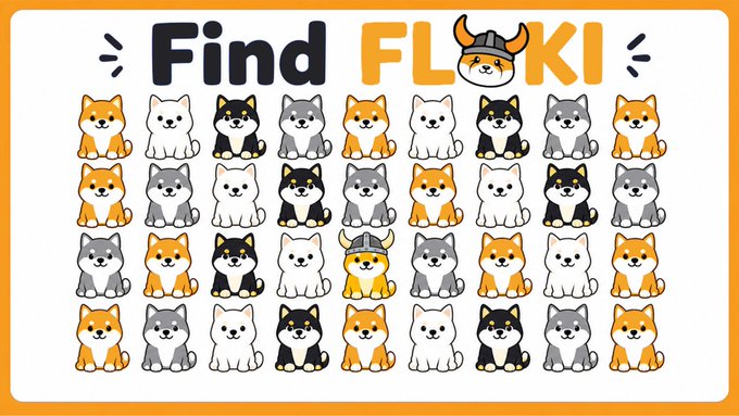 A "Find Floki" puzzle featuring a grid of cartoon Shiba Inu dogs in various colors, with one orange Shiba wearing a Viking horned helmet matching the "FLOKI" logo at the top—fitting the caption "One is not like the others" as that unique dog stands out from the rest of the pack.