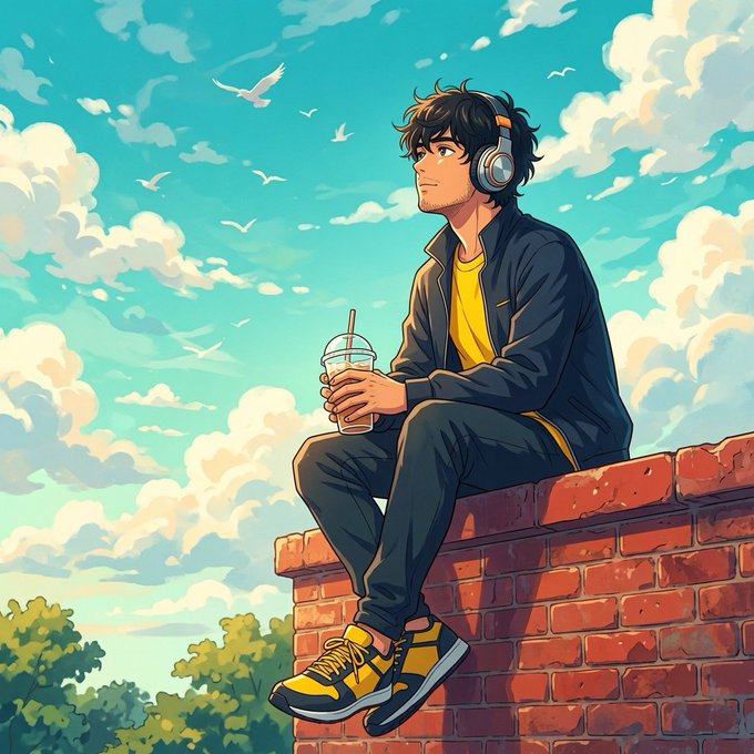 An anime-style illustration features a young man with headphones sitting on a brick wall holding a drink, gazing up at a bright blue sky filled with fluffy clouds and seagulls.