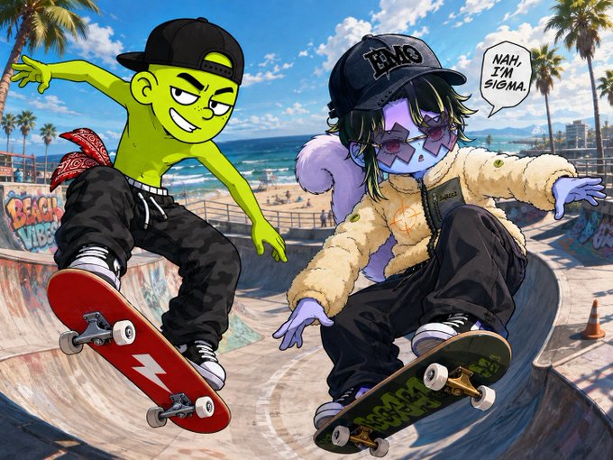 Two cartoon characters—one green and one purple with horns—skateboard in a beachside skatepark; the green character says 'NAH, I'M SIGMA.'