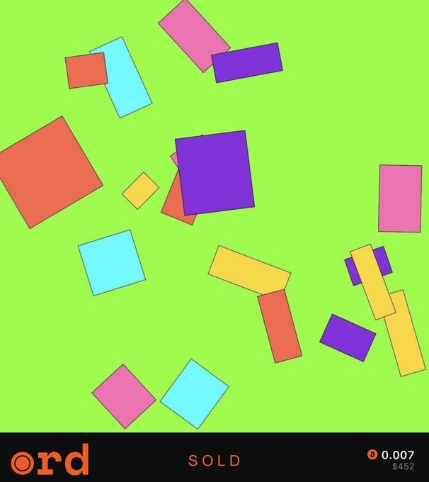 An NFT artwork titled 'ord' featuring colorful geometric shapes (squares and rectangles) in pink, purple, blue, orange, and yellow scattered across a bright green background, marked as 'SOLD' for 0.007 ETH ($452).