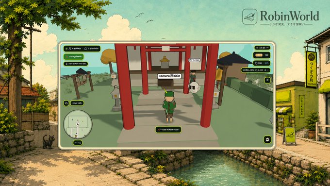 A screenshot of the browser-based MMORPG "RobinWorld" shows a robin mascot character standing before a Japanese-style shrine labeled "samurai Robin," with an in-game economy interface visible on the side, highlighting the contrast between the project's sub-$100K valuation and the $20M+ memecoin market referenced in the post.