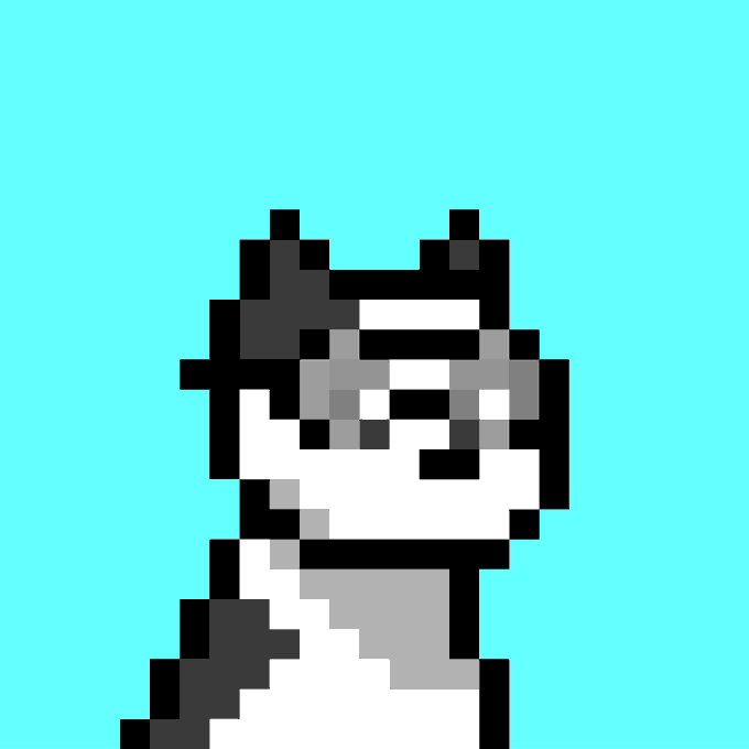 A pixel art illustration of a black and white cat with a grumpy expression against a solid turquoise background.
