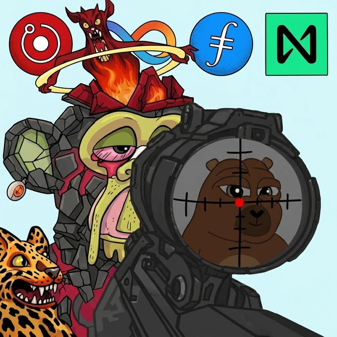 Cartoon illustration of animals including a leopard, demon, and bear in a sniper scope, with cryptocurrency logos (CRO, INJ, Fjord, NEAR) at the top.