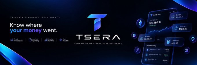 A promotional image for TSERA featuring the tagline "Know where your money went" and "Your On-Chain Financial Intelligence," alongside a dashboard mockup showing balances ($12,480.32), expenses ($3,420.35), transfers ($1,240.32), buys ($2,701.00), and gas fees ($312.46). The graphic visually reinforces the post's point that TSERA helps distinguish between real income (USDC earned) and self-transfers (USDC received) by offering on-chain financial analytics.