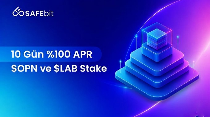 The image features an advertisement for a safebit campaign called "10 Gun 100% APR - $OPN vs. $LAB Stake". The background of the advertisement has different shades of blue, with some purple tones. A white box with blue and green colors is present in the middle of the picture, placed between two vertical lines that extend from the top to the bottom edge of the image. The phrase "10 Gun 100% APR - $OPN vs. $LAB Stake" is prominently displayed at the center of the image.