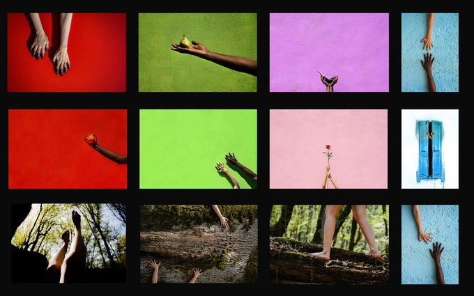 A 12-panel grid of vividly colored photographs featuring hands and feet interacting with bold backgrounds (red, green, pink, blue) and natural settings (forests, logs), reflecting the "Gestural" NFT collection's theme of expressive body language. The striking visual storytelling pairs perfectly with the promotional post announcing the collection's mint launch at 0.015 ETH on Transient Labs.