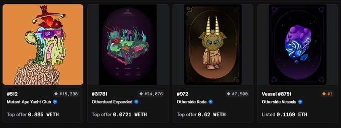 A screenshot of an NFT marketplace displaying four digital art collectibles, including items from the 'Otherside' collection with prices listed in ETH and WETH.