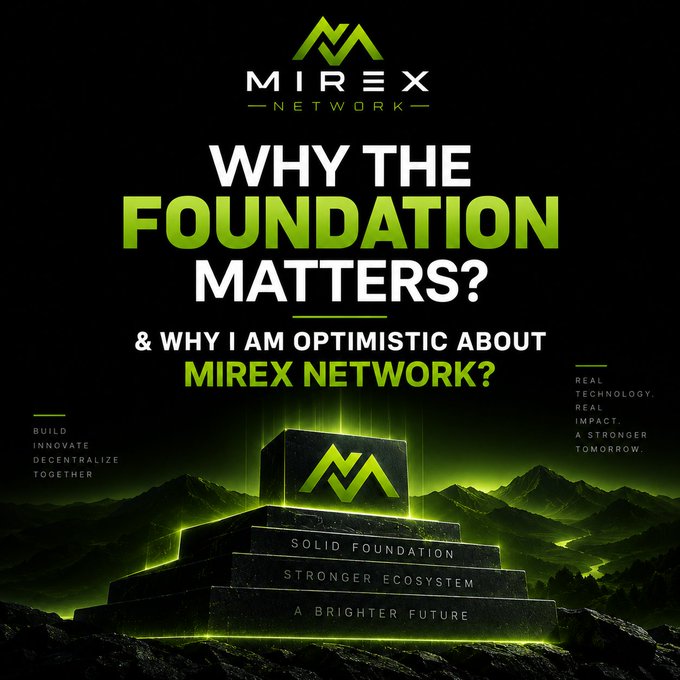 A promotional graphic for Mirex Network with text reading "WHY THE FOUNDATION MATTERS? & WHY I AM OPTIMISTIC ABOUT MIREX NETWORK?" featuring a glowing green 'M' logo on dark stone steps.