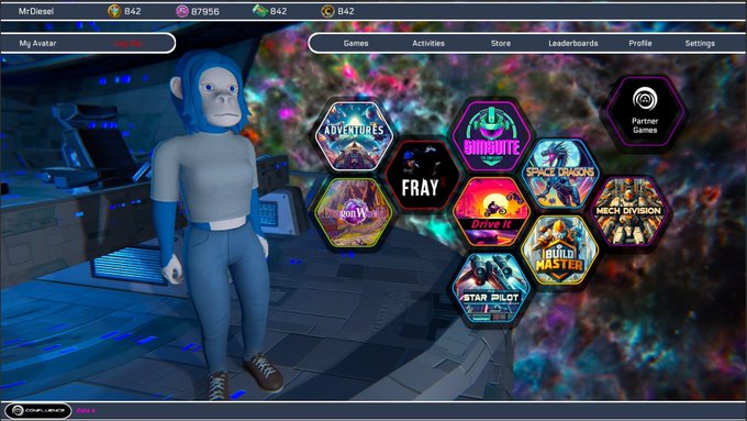 A video game interface showing a blue monkey-like avatar alongside various game options including 'Adventures', 'Onyquise', 'Space Dragons', and 'Mech Division'.