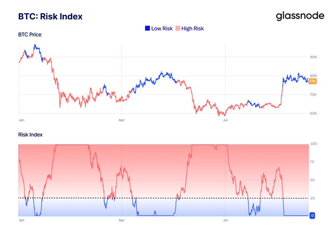 A Glassnode chart titled "BTC: Risk Index" displays Bitcoin's price action (ranging from ~60K to 90K) alongside the Risk Index over the year, showing the metric climbing back toward the high-risk red zone (near 100) as BTC price consolidates below recent highs around 80K, visually reinforcing the post's observation that downside volatility has returned without yet causing structural damage.