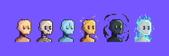 A pixel art progression showing six characters with different skins and abilities, including a flesh-toned human, a skeleton, a blue ghostly figure, a glowing golden figure, a shadowy figure, and a silver figure, all set against a purple background.