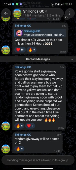 A screenshot of a Telegram group chat called 'Shillongs GC' with 11467 members and 1313 online, showing messages about a 40k views milestone and an upcoming giveaway announcement.
