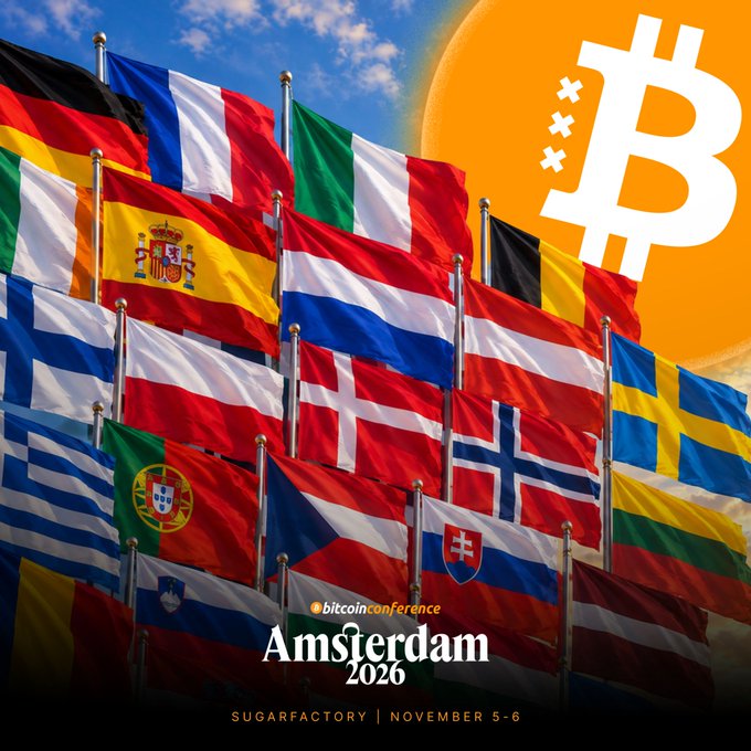 A promotional poster for the 'bitcoinference Amsterdam 2026' event scheduled for November 5-6 at SugarFactory, displaying various European country flags alongside a large Bitcoin logo.
