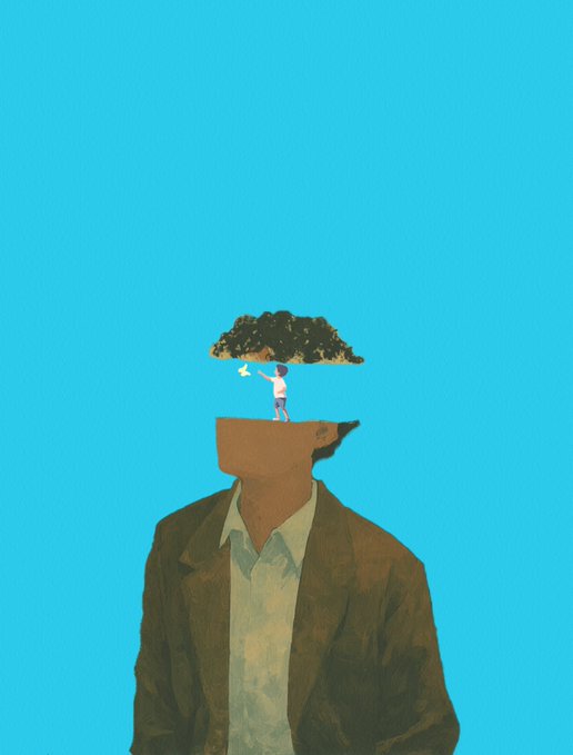 Surreal artwork depicts a figure in a brown jacket with an open head, from which a small tree grows, tended by a tiny person.