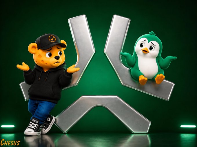 A digital 3D render showing a 3D teddy bear character in streetwear standing next to a green penguin character, with both characters looking puzzled beside a large metallic letter 'X', signed 'CHESUS'.